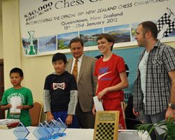 Leo Zhang, Jamie-Lee Guo, NZCF patron Jim Benson presenting the prizes, Jack Hughes, Shanon Vuglar