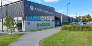 Scott Point School hall building from entrance view