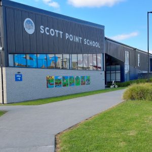 Scott Point School hall building from entrance view
